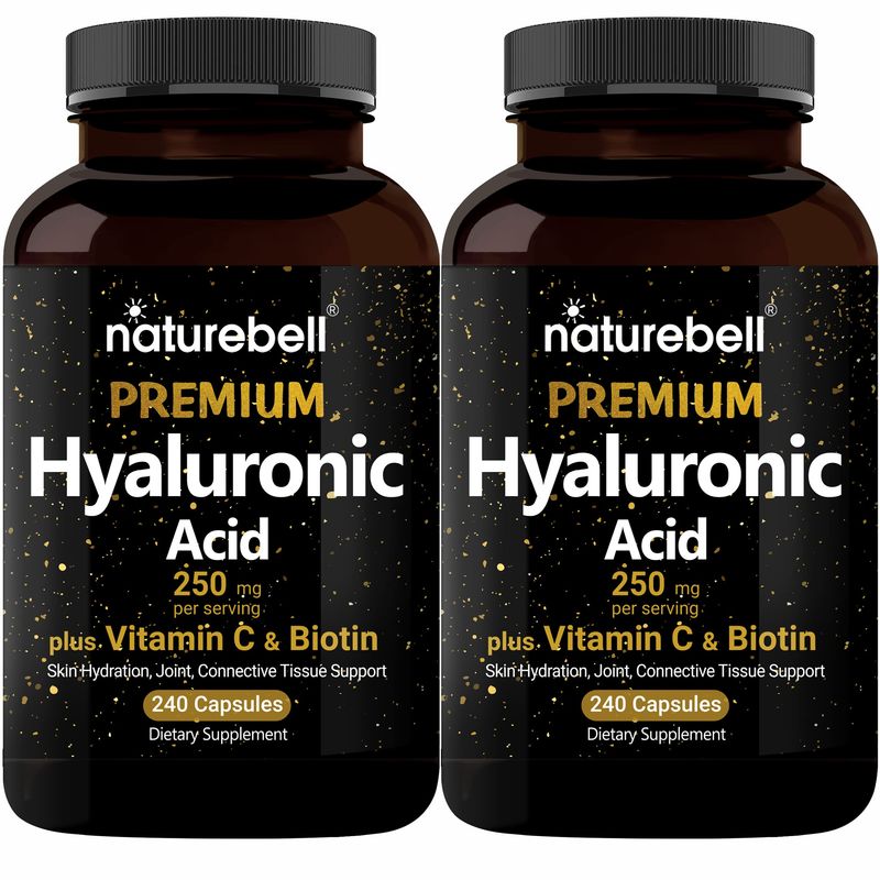 NatureBell 2 Pack Plant Based Hyaluronic Acid Supplements 250mg with 25mg Vitamin C &amp; Biotin 5000mcg, 480 Total Capsules | Essential for Hair Growth, Joint Support, &amp; Hydrating Skin | Non-GMO