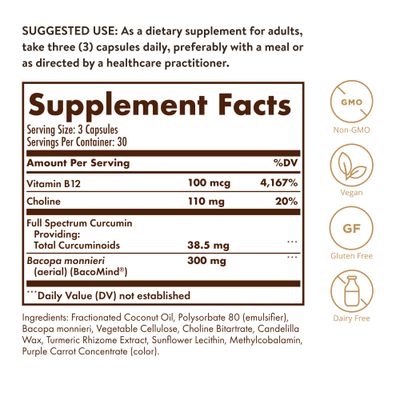 Solgar Full Spectrum Curcumin Brain Works, 90 Licaps - Support Memory Recall, Focus, Cognitive Function - Antioxidant Support - Curcumin, BacoMind, Choline, Vitamin B12 - Non-GMO, Vegan - 30 Servings