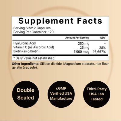NatureBell 2 Pack Plant Based Hyaluronic Acid Supplements 250mg with 25mg Vitamin C &amp; Biotin 5000mcg, 480 Total Capsules | Essential for Hair Growth, Joint Support, &amp; Hydrating Skin | Non-GMO