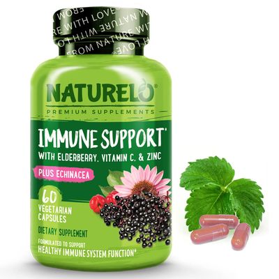 NATURELO Immune Support - Vitamin C, Elderberry, Zinc, Echinacea - Natural Immunity Boost w/Antioxidant, Herbal &amp; Mineral Defense - 60 Vegan Capsules
