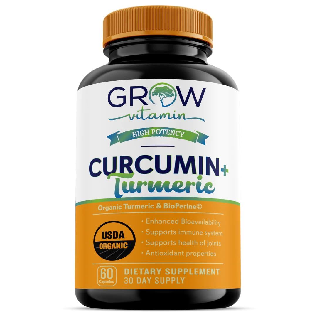 Grow Vitamin Curcumin+ Ultra: Organic High-Potency Blend | Maximum Strength Turmeric Formula with 95% Curcuminoids | USDA Certified | 30-Day Supply