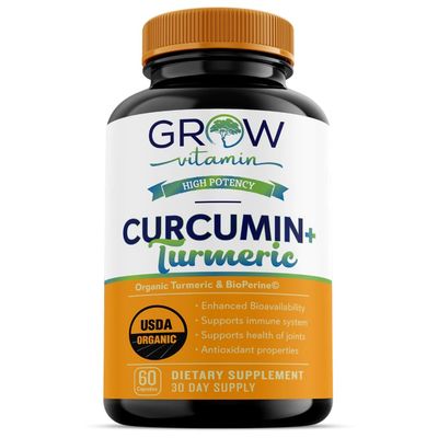 Grow Vitamin Curcumin+ Ultra: Organic High-Potency Blend | Maximum Strength Turmeric Formula with 95% Curcuminoids | USDA Certified | 30-Day Supply