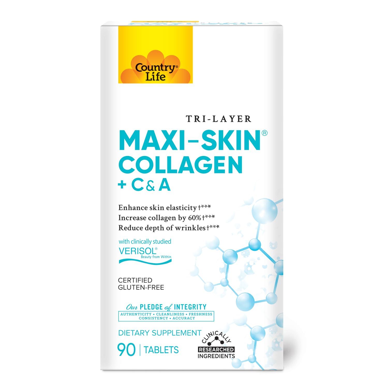 Country Life Verisol Collagen Peptides Tablets - Reduce Depth of W[KB2] rinkles &amp; Enhance Skin Elasticity-90 Tablets-Includes Vitamin A&amp;C - Collagen Powder for Women &amp; Men - Boost Skin Collagen by 60%