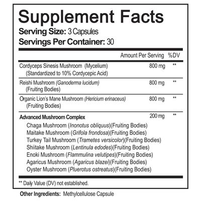 NutriFlair Mushroom Supplement 2600mg, 90 Capsules - 10 Mushrooms Blend - Reishi, Lions Mane, Cordyceps, Chaga, Turkey Tail, Maitake, Shiitake, Oyster Nootropic Complex - Brain, Energy, Focus Pills