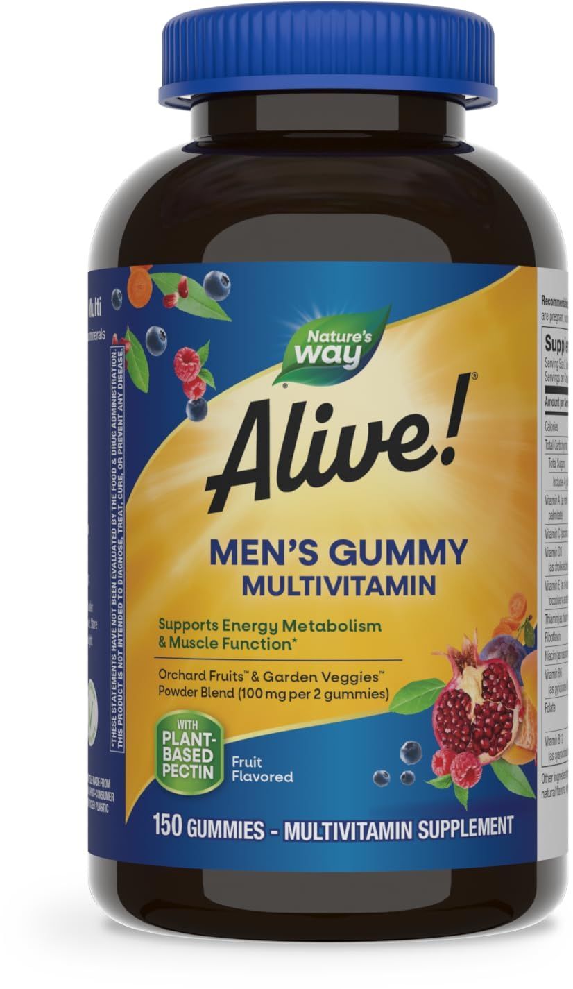 Nature&#39;s Way Alive! Men&#39;s Daily Gummy Multivitamin, Supports Energy Metabolism &amp; Muscle Function*, B-Vitamins, Gluten-Free, Vegetarian, Fruit Flavored, 150 Gummies (Packaging May Vary)