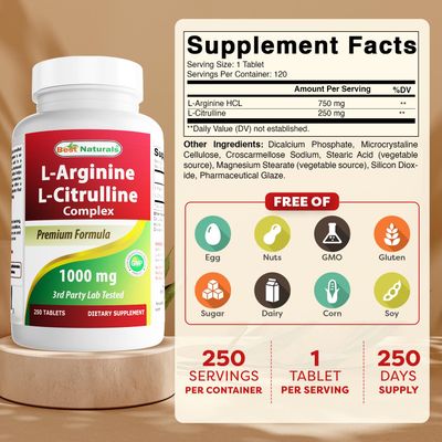 Best Naturals L-Arginine L-Citrulline Complex 1000 mg 250 Tablets (250 Count (Pack of 2))