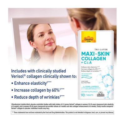 Country Life Verisol Collagen Peptides Tablets - Reduce Depth of W[KB2] rinkles &amp; Enhance Skin Elasticity-90 Tablets-Includes Vitamin A&amp;C - Collagen Powder for Women &amp; Men - Boost Skin Collagen by 60%