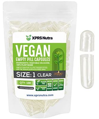 XPRS Nutra Size 1 Empty Capsules - 100 Count Clear Empty Vegan / Vegetarian Capsules - DIY Vegetable Capsule Filling- Veggie Pill Empty Caps