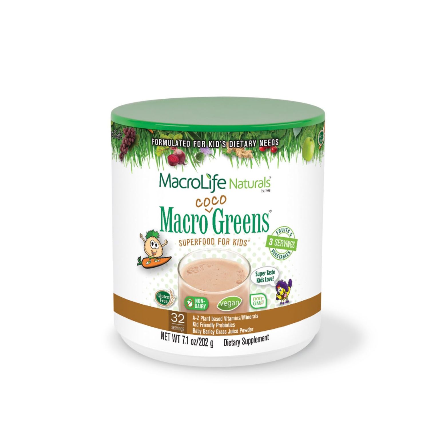 MacroLife Naturals MacroCoco Greens Chocolate Superfood Powder for Kids Raw Fruits Veggies Probiotics &amp; Digestive Enzymes, Immunity Energy, Non-GMO, Vegan, Gluten, Dairy Free - 7oz (32 Servings)