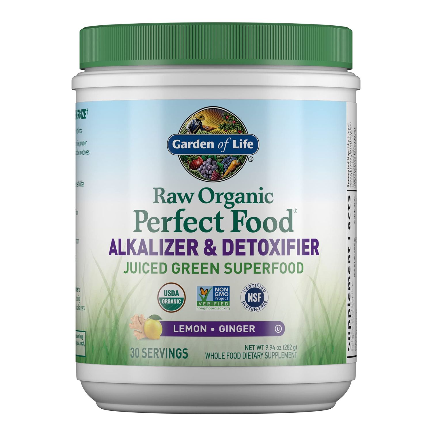 Garden of Life Raw Organic Perfect Food Alkalizer &amp; Detoxifier Juiced Greens Superfood Powder - Lemon Ginger, 30 Servings - Non-GMO, Gluten Free Whole Food Dietary Supplement, Plus Probiotics