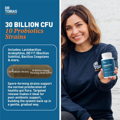 Dr. Tobias Probiotics 30 Billion, 10 Strains, 30 Billion CFU's, Targeted Release Probiotics for Digestive Health, Shelf-Stable Probiotics for Women &amp; Men, Non-GMO, 60 Capsules, 60 Servings