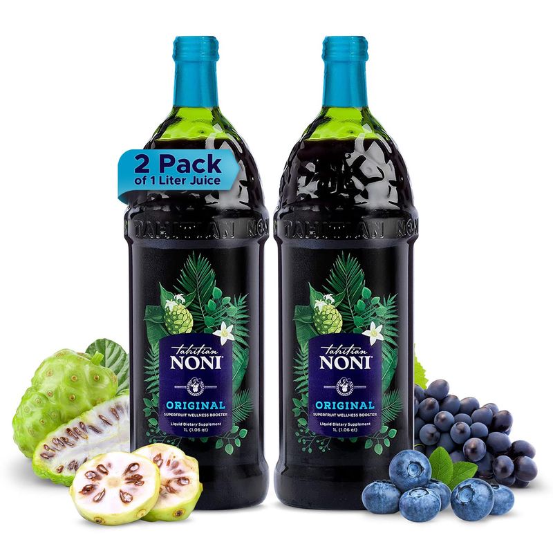TAHITIAN NONI Juice by Morinda, Original and Authentic, Noni Fruit Puree from Tahiti with Natural Blueberry &amp; Grape (Resveratrol), All-Natural Daily Wellness Drink - 2 One Liter Juice Bottles Case