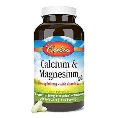 Carlson - Cal-Mag Gels, 2:1 Calcium to Magnesium Ratio, Calcium Magnesium Supplement &amp; Vitamin D, 200 mg Calcium Supplement, 100 mg Magnesium Supplement, Bone Support, Energy Production, 250 Softgels
