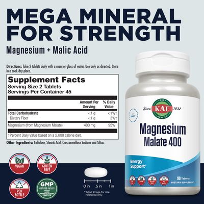 KAL Magnesium Malate 400mg, Chelated Magnesium Supplement with Malic Acid, Healthy Energy &amp; Muscle Function Support, Enhanced Absorption, Vegan, Non-GMO, 45 Servings, 90 Veg Tabs