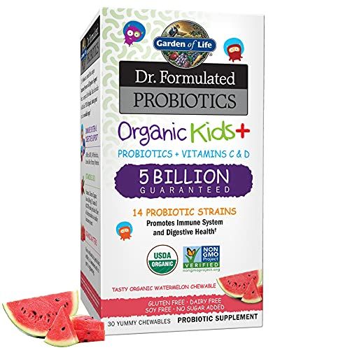 Garden of Life Dr. Formulated Probiotics Organic Kids+ Plus Vitamin C &amp; D - Watermelon - 5 Billion CFU Gluten, Dairy &amp; Soy Free Immune &amp; Digestive Health Supplement, No Added Sugar - 30 Chewables