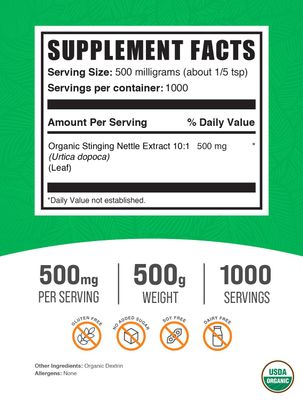 BulkSupplements.com Organic Stinging Nettle Extract - from Stinging Nettle Leaf, Nettle Supplement - Vegan & Gluten Free, 500mg per Serving, 500g (1.1 lbs) (Pack of 1)