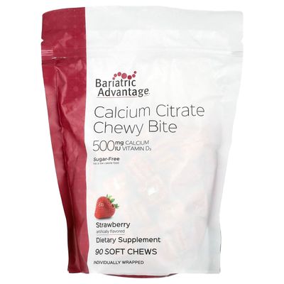 Bariatric Advantage Calcium Citrate Chewy Bites 500 mg - for Bariatric Surgery Patients - Vitamin D3 - Sugar-Free Chewable Calcium Supplement - Bariatric Calcium Chews - Strawberry Flavor - 90 Count