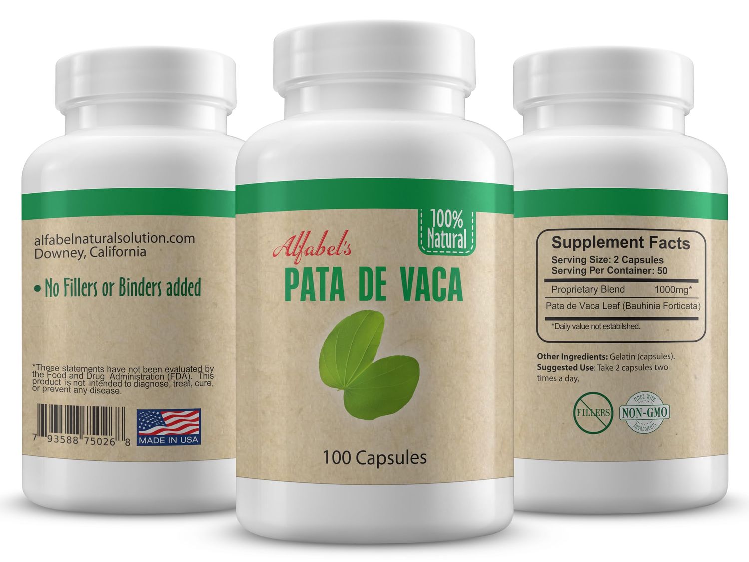 Alfabel Natural Solution Pata de Vaca herb - Cow&#39;s Foot Leaves - 100 Capsules - No Fillers