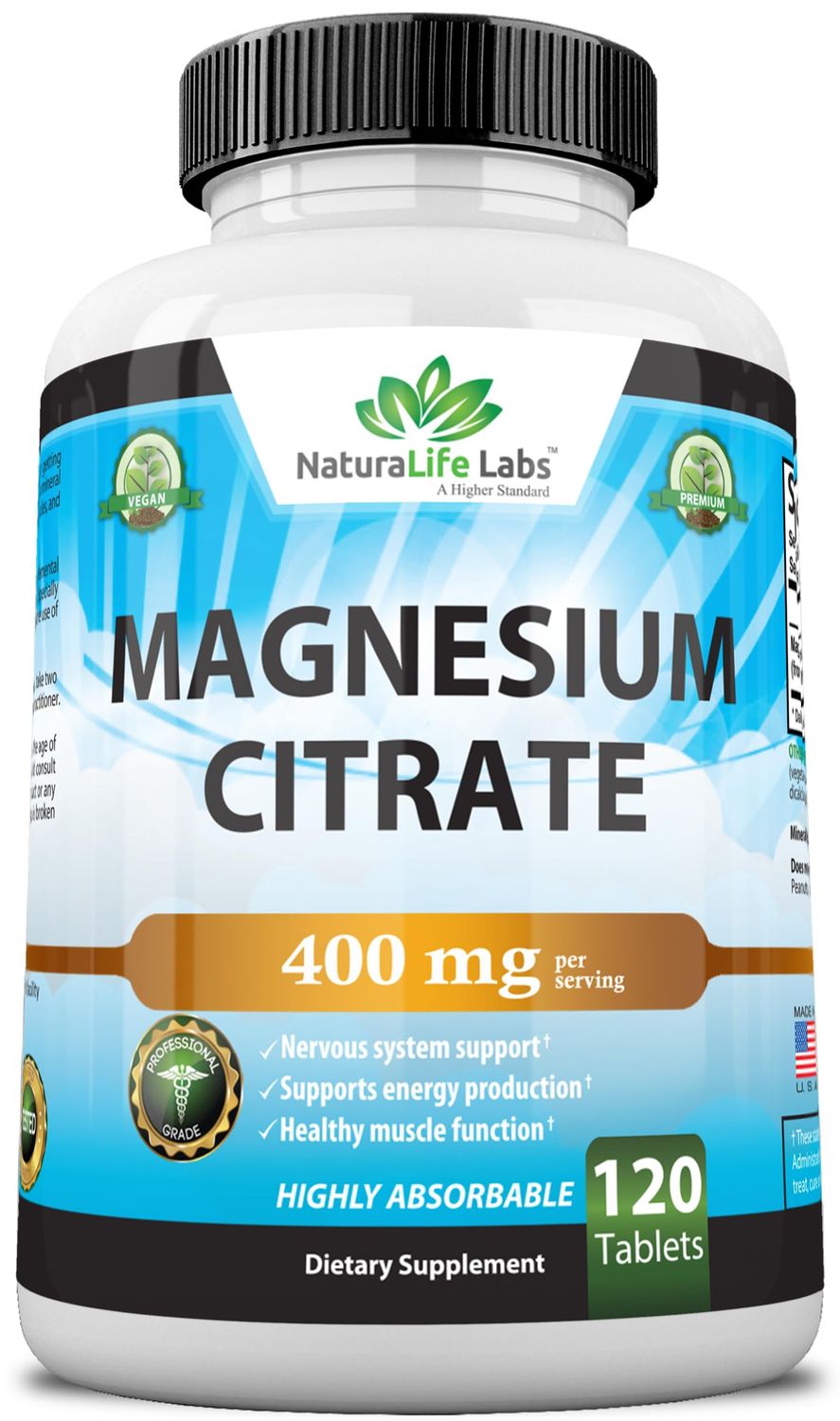 Magnesium Citrate 400 mg - High Potency Elemental Magnesium Essential Mineral for Heart, Muscle, &amp; Digestion Support - Non-GMO - 120 Tablets