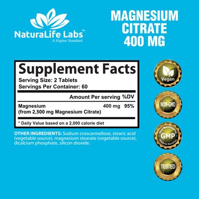 Magnesium Citrate 400 mg - High Potency Elemental Magnesium Essential Mineral for Heart, Muscle, &amp; Digestion Support - Non-GMO - 120 Tablets