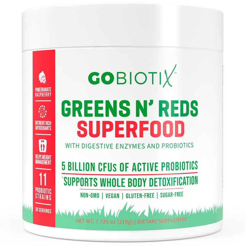 GOBIOTIX Super Greens and Reds Powder - Red and Green Superfood - Probiotic Supplement - Digestive Enzymes and Beet Root Powder - Organic Whole Foods Dietary Supplement (Pom Raspberry, 1 Pack)