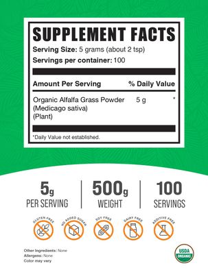 BulkSupplements.com Organic Alfalfa Grass Powder - Alfalfa Supplement, Green Superfood Powder, Alfalfa Powder Organic - Vegan &amp; Gluten Free, 5g per Serving, 500g (1.1 lbs) (Pack of 1)