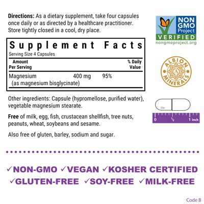 Bluebonnet Nutrition Magnesium Glycinate 400mg Maximum Absorption Mineral Complex Supports Energy Production & Enzyme Function - Non-GMO, Soy-Free, Gluten-Free - 120 Veggie Capsules