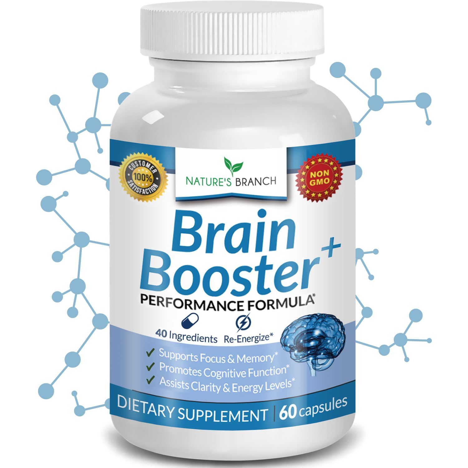 40-in-1 Brain Booster Supplement For Focus, Memory, Clarity, Energy | Advanced Vitamins Plus eBook | For Men &amp; Women, Cognitive Function Nootropic Support with DMAE, Brain Health Formula | 60 Capsules