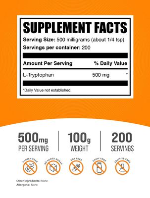 BulkSupplements.com L-Tryptophan Powder - L-Tryptophan 500mg, Tryptophan Supplement - Amino Acid Supplement, Gluten Free, 500mg per Serving, 100g (3.5 oz) (Pack of 1)