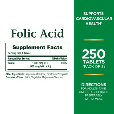 Nature's Bounty Folic Acid 800 mcg Tablets Maximum Strength 250 ea