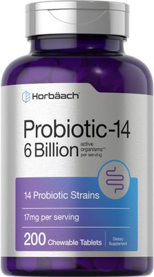 Horbach Probiotics 6 Billion CFUs | 200 Chewable Tablets | Berry Flavor | 14 Probiotic Strains | Vegetarian, Non-GMO &amp; Gluten Free Supplement for Men &amp; Women