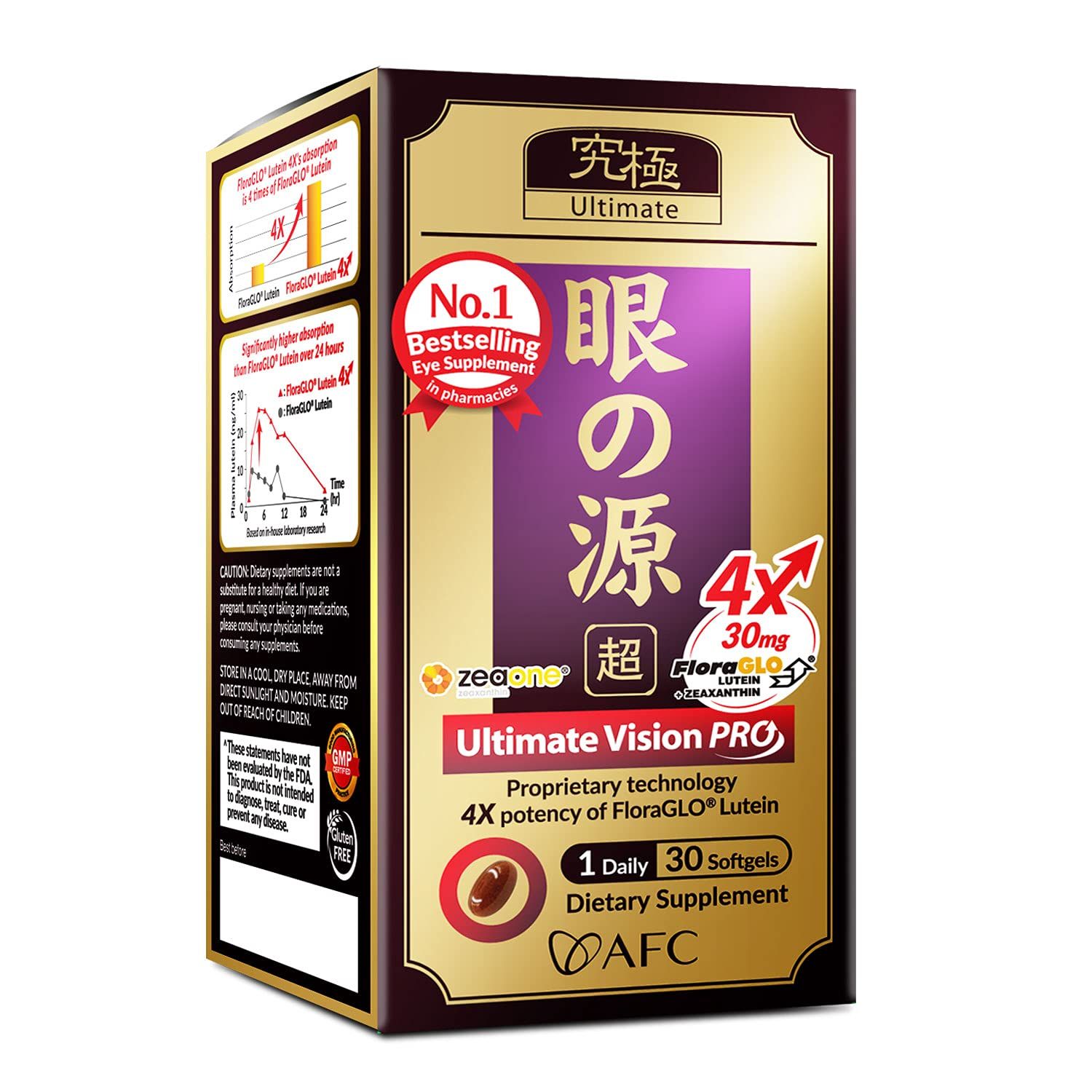 AFC Japan Ultimate Vision PRO - Eye Formula with FloraGLO Lutein 4X, Zeaxanthin, Bilberry Extract &amp; Astaxanthin for Age-Related Eye Problem, Blurry &amp; Poor Vision, Dry Eye, Macular Health, 30 Count