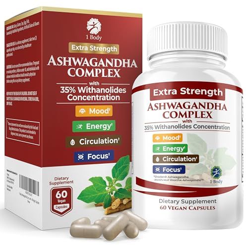 1 Body Ashwagandha Complex with Shoden - Clinically Supported Stress Relief, Sleep, and Energy Support - Vegan, Non-GMO Ashwagandha Supplements - 60 Ashwagandha Capsules