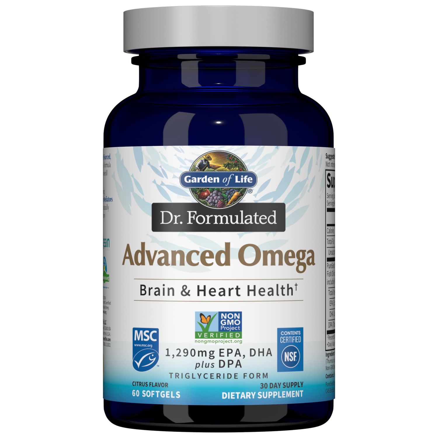 Garden of Life Dr. Formulated Advanced Omega Fish Oil - Lemon, 1,290mg EPA, DHA + DPA in Triglyceride Form, Single Source Omega 3 Supplement for Ultimate Brain &amp; Heart Health, Non-GMO, 60 Softgels