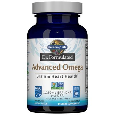 Garden of Life Dr. Formulated Advanced Omega Fish Oil - Lemon, 1,290mg EPA, DHA + DPA in Triglyceride Form, Single Source Omega 3 Supplement for Ultimate Brain &amp; Heart Health, Non-GMO, 60 Softgels