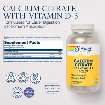 Solaray Calcium Citrate w/Vitamin D3 1000mg, Healthy Bones &amp; Teeth, Heart, Muscle &amp; Nerve Support, 60 Serv, 240 VegCaps