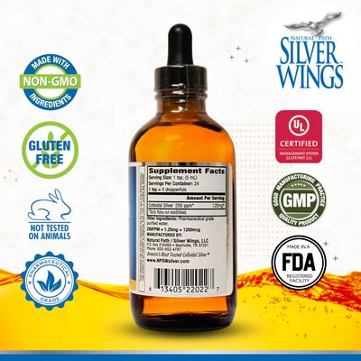 Natural Path Silver Wings Colloidal Silver Liquid - Enhanced Immune Support Supplement - 250ppm (1250mcg) - 4oz Dropper