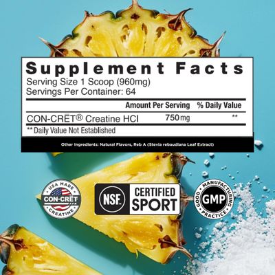 CON-CRET Creatine HCl Powder | Muscle, Cognitive, Cellular Energy Support | No Bloating or Cramps | USA Made &amp; NSF Certified | Pineapple (64 Serving)