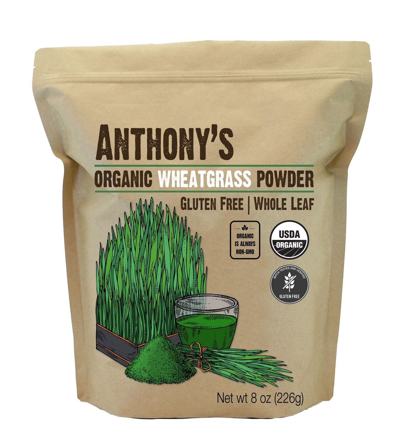 Anthony&#39;s Organic Wheatgrass Powder, 8 oz, Grown in USA, Whole Leaf, Gluten Free, Non GMO