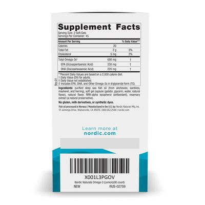 Nordic Naturals Omega-3, Lemon Flavor - 90 Soft Gels - 690 mg Omega-3 - Fish Oil - EPA &amp; DHA - Immune Support, Brain &amp; Heart Health, Optimal Wellness - Non-GMO - 45 Servings