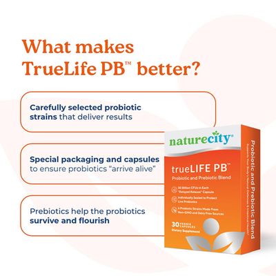 NatureCity True-Life-PB Shelf Stable Blend Prebiotics and Probiotics for Women and Men - Digestive Gut Health Supplements for Women and Men - Dairy Free - (30 Veggie Capsules)