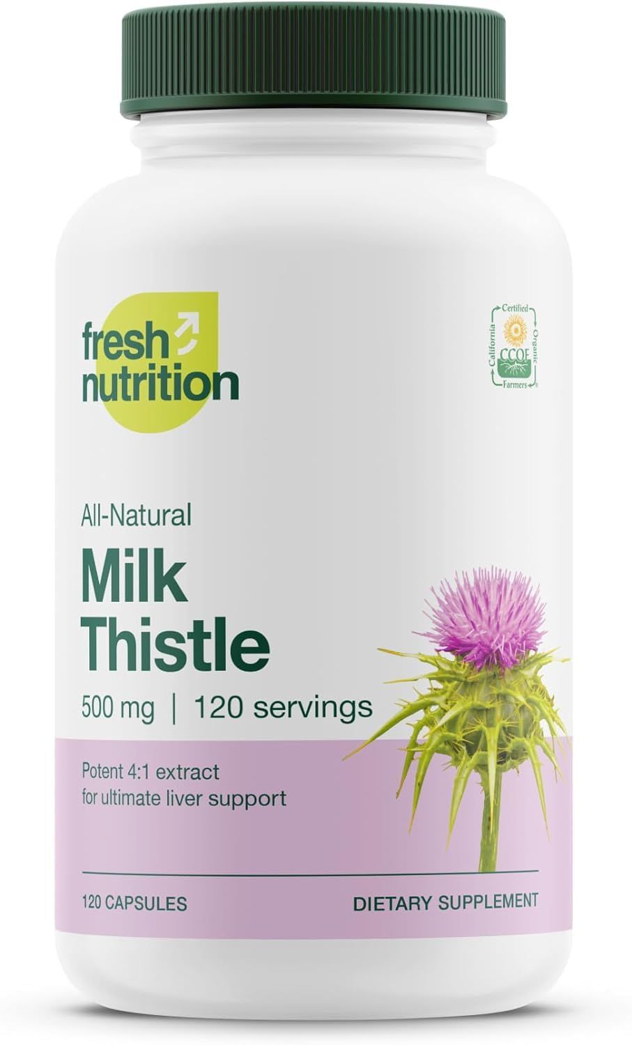 Fresh Nutrition Organic Milk Thistle Supplement - 2000mg Potent Strength - 4 Month Supply - Silymarin Thistle Seed Standardized Extract 4:1 - Made in The USA - 120 Capsules