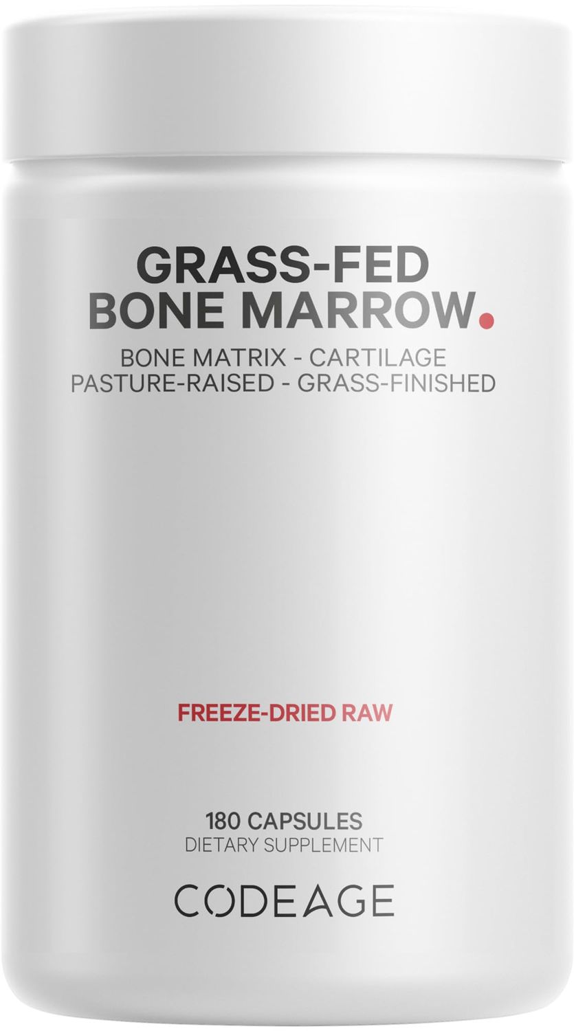 Codeage Grass Fed Bone Marrow Supplement - Freeze Dried, Non-Defatted, &amp; Desiccated Beef Bone Marrow Pills - Raw Whole Bone Marrow, Bone Matrix, Cartilage - 3000mg per Serving - 180 Capsules