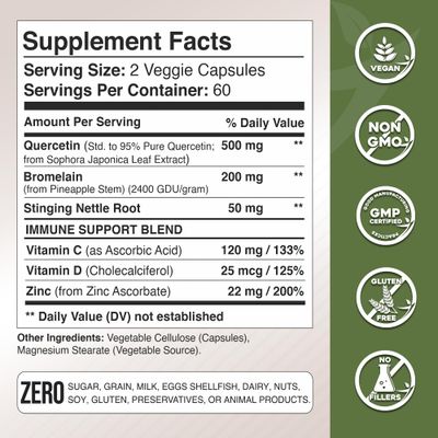 Quercetin with Vitamin C and Zinc - Nettle Quercetin - Quercetin 500mg - Quercetin with Bromelain - Zinc Quercetin + Vitamin D3 - 120 Veggie Caps - (Non-GMO, Gluten-Free, Vegan) - 2 Month Supply