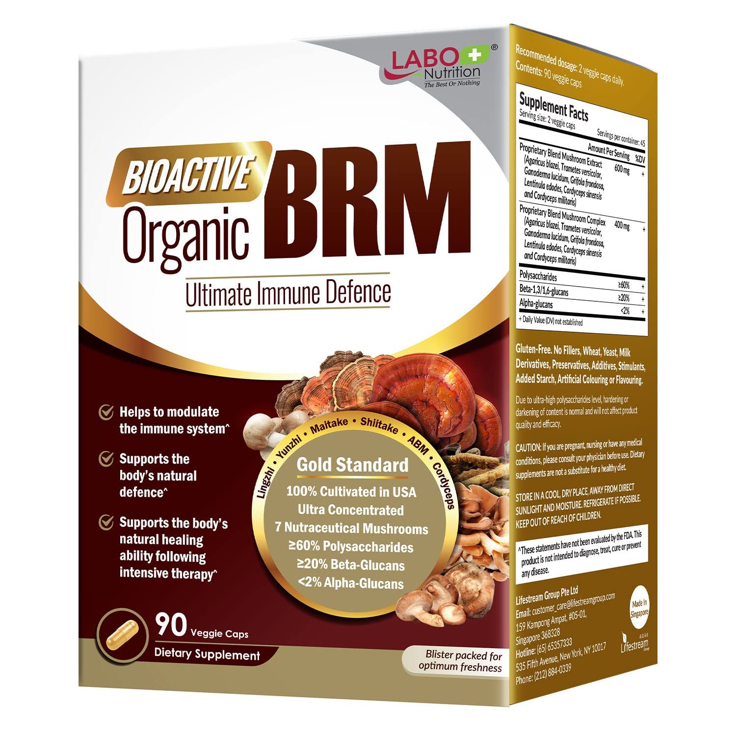 LABO Nutrition Bioactive Organic BRM - Advanced Immune Support &amp; Maintain Natural Killer Cell Activity; 6 Therapeutic Mushrooms Lingzhi, Yunzhi, Maitake, Shiitake, Agaricus Blazei Murill &amp; Cordyceps