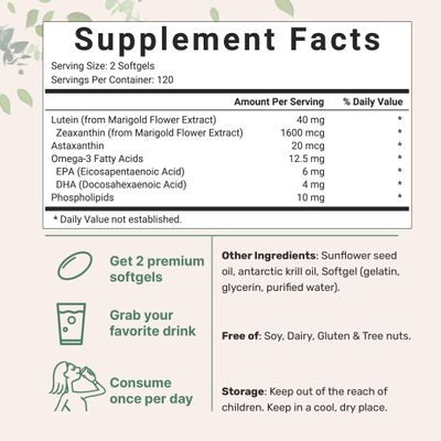 Micro Ingredients Lutein &amp; Zeaxanthin 40mg Softgels, 240 Count, with Astaxanthin, Omega-3s, &amp; Phospholipids | Eye + Vision Health Vitamins | Third Party Tested, Non-GMO, Gluten Free