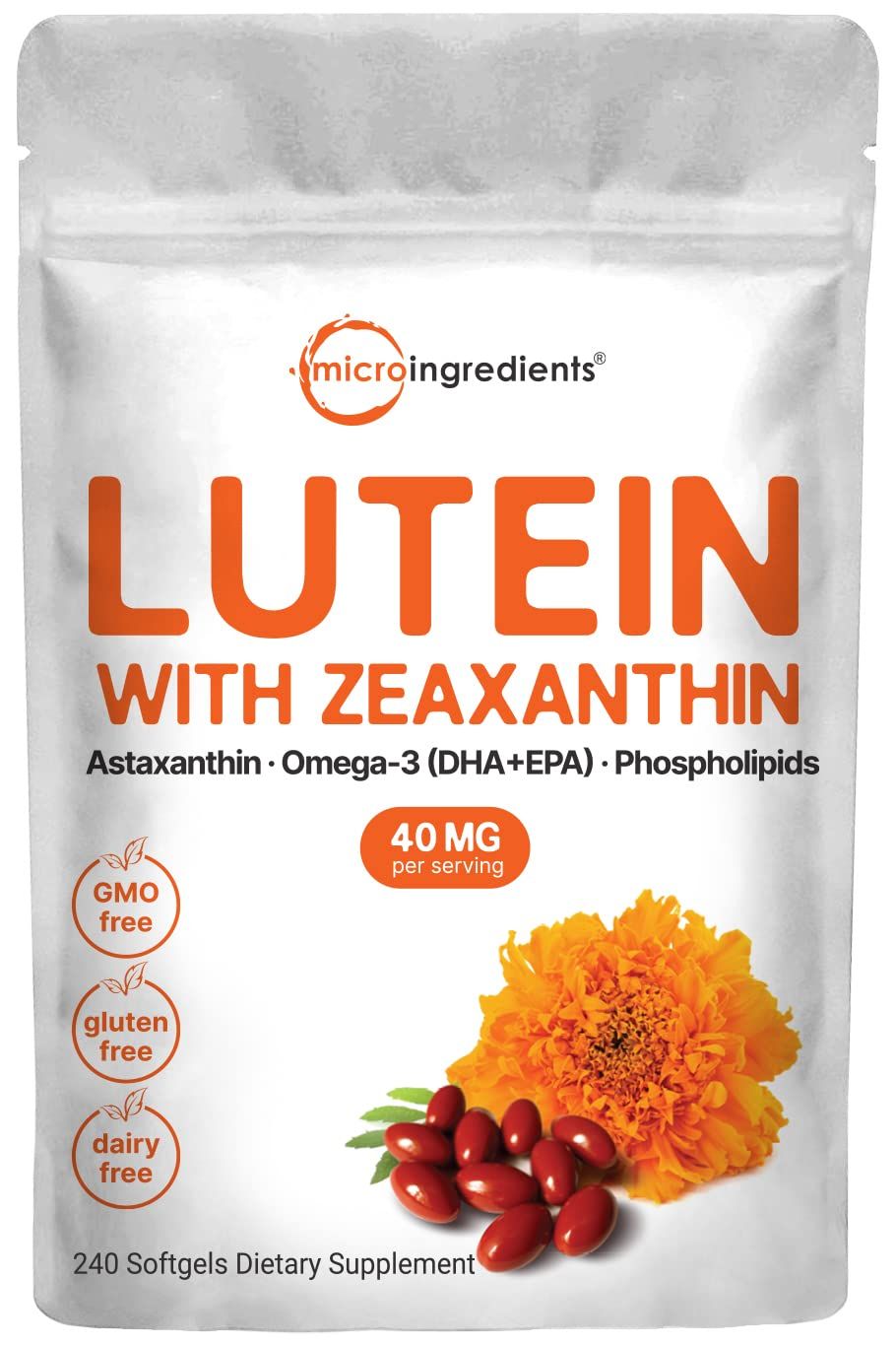 Micro Ingredients Lutein &amp; Zeaxanthin 40mg Softgels, 240 Count, with Astaxanthin, Omega-3s, &amp; Phospholipids | Eye + Vision Health Vitamins | Third Party Tested, Non-GMO, Gluten Free