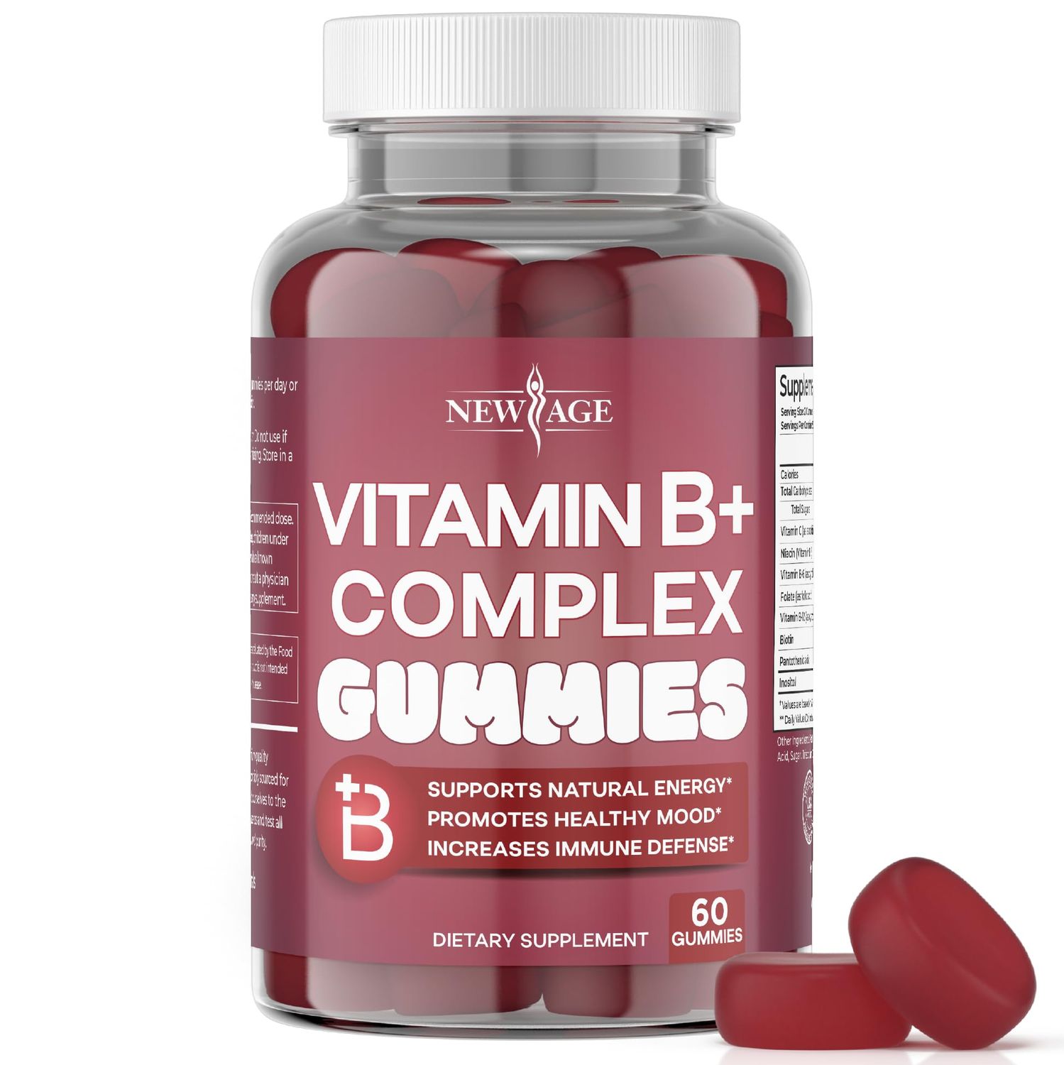 NEW AGE Vitamin B Complex Gummies with Vitamin B3, B5, B6, B7, B9 &amp; B12 - with Biotin, Folic Acid &amp; Vitamin C - Gluten-Free, Vegan, Made in The USA! (60 Count (Pack of 1))