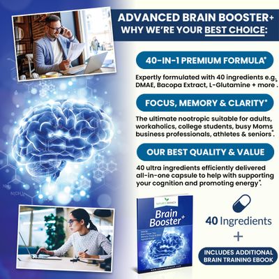 40-in-1 Brain Booster Supplement For Focus, Memory, Clarity, Energy | Advanced Vitamins Plus eBook | For Men &amp; Women, Cognitive Function Nootropic Support with DMAE, Brain Health Formula | 60 Capsules