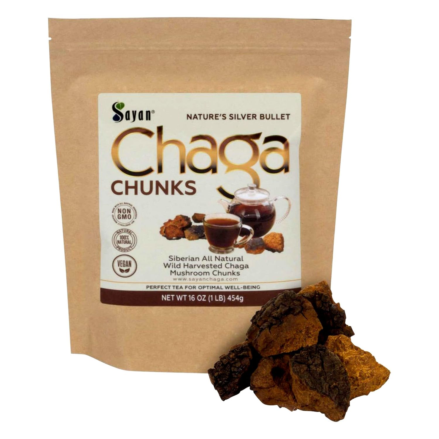 Sayan Siberian Pure Raw Chaga Mushroom Chunks with Black Top Crust 16 Oz / 1 lb - Premium Wild-Harvested Antioxidant Tea for Immune Support, Focus and Digestive Health - Non-GMO